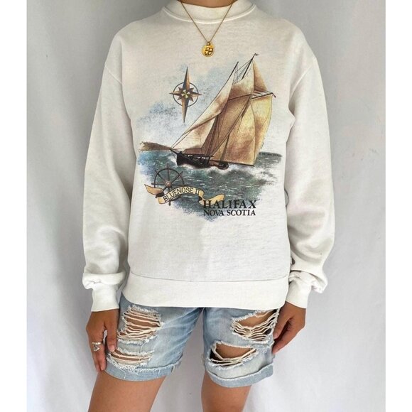 80s vintage nova scotia halifax canada coastal sailing graphic pullover sweater - Picture 1 of 9
